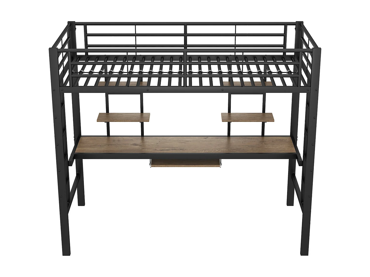 Cama alta para niños de 90 x 200 cm: estructura de hierro, mesa de estudio y 2 estantes, color negro