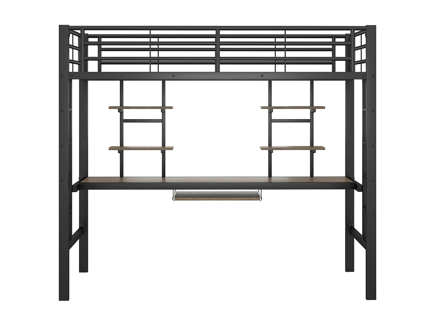 Cama alta para niños de 90 x 200 cm: estructura de hierro, mesa de estudio y 2 estantes, color negro