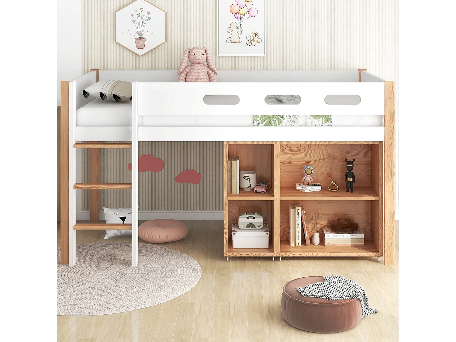 Cama alta 90x200cm, com roupeiro móvel, escada, madeira maciça, antiqueda, pinho+MDF, natural+branco