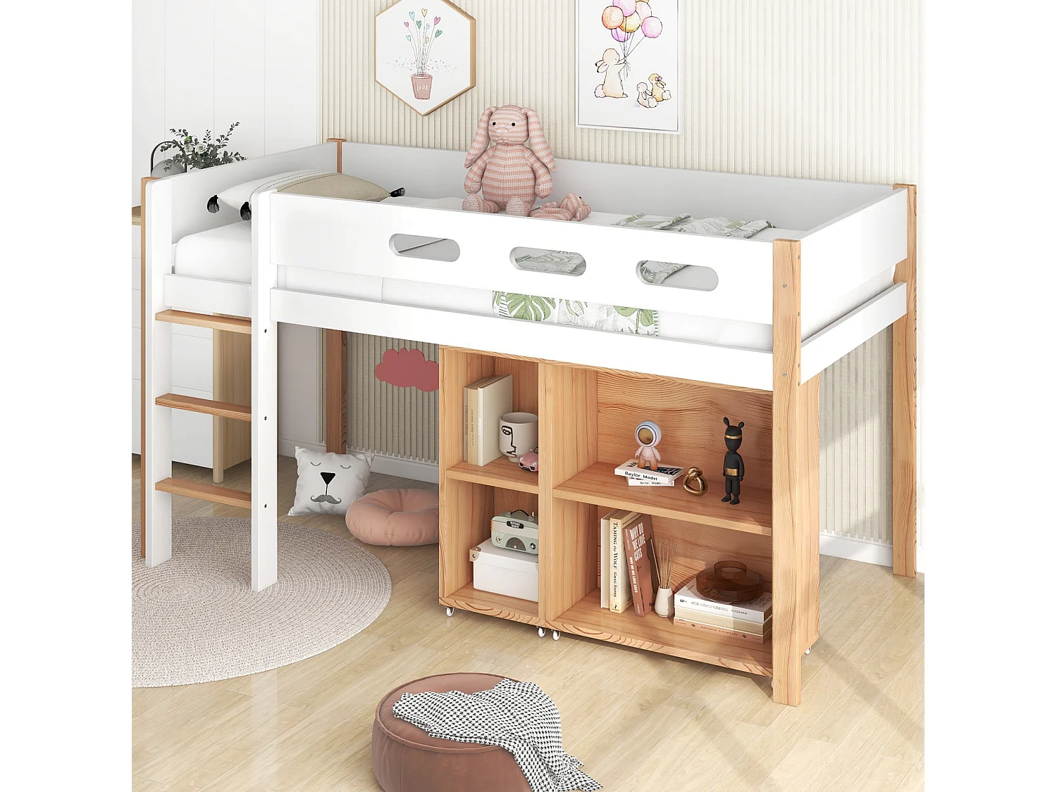 Cama alta 90x200cm, com roupeiro móvel, escada, madeira maciça, antiqueda, pinho+MDF, natural+branco