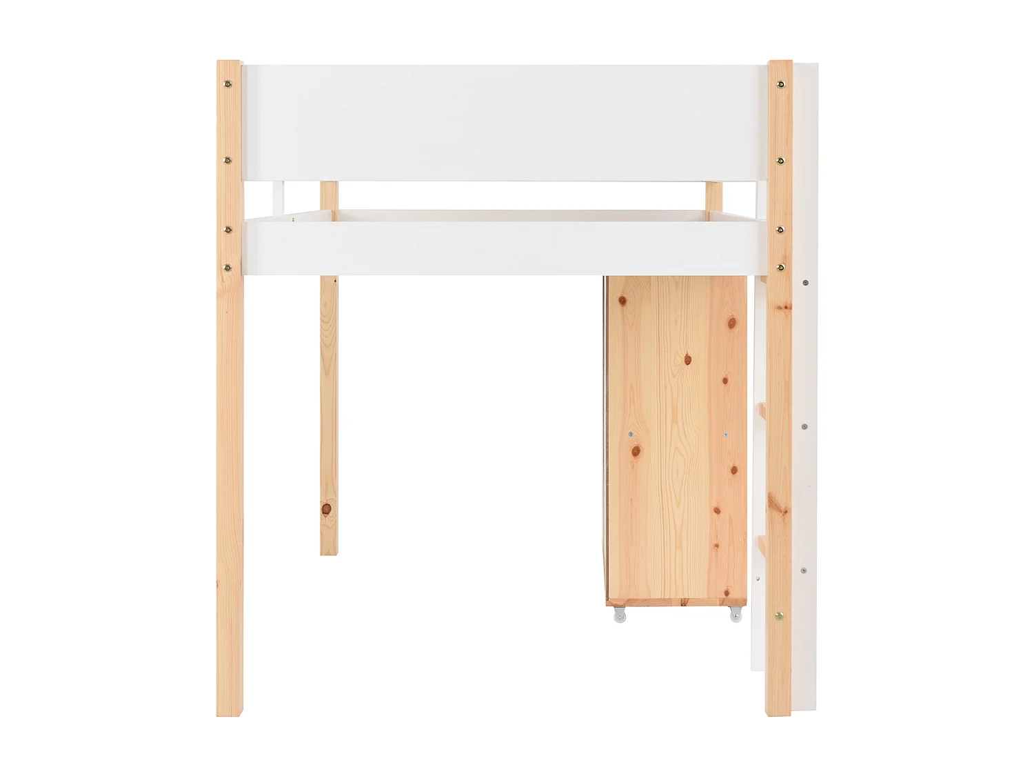 Cama alta 90x200cm, com roupeiro móvel, escada, madeira maciça, antiqueda, pinho+MDF, natural+branco