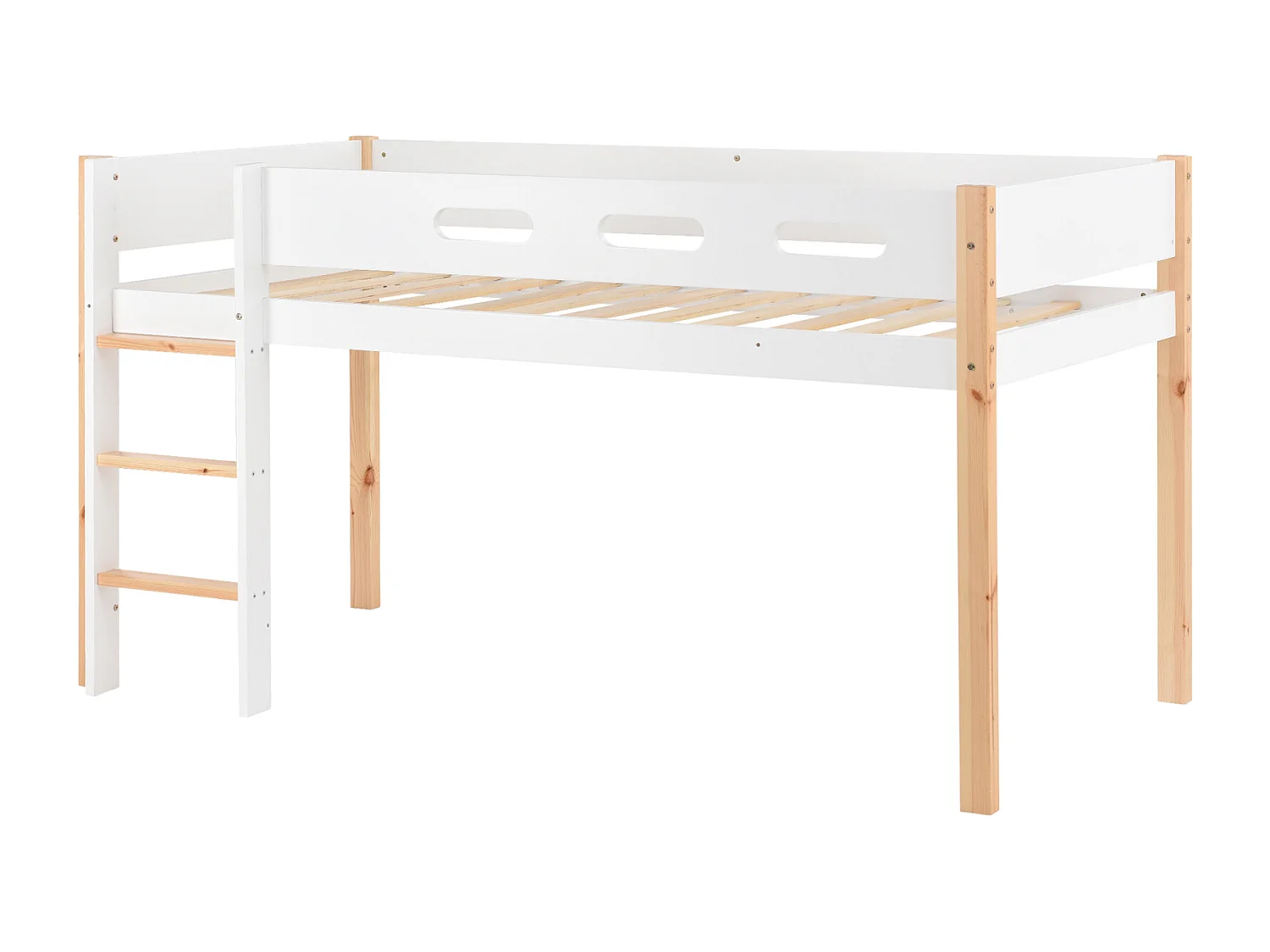 Cama alta 90x200cm, com roupeiro móvel, escada, madeira maciça, antiqueda, pinho+MDF, natural+branco