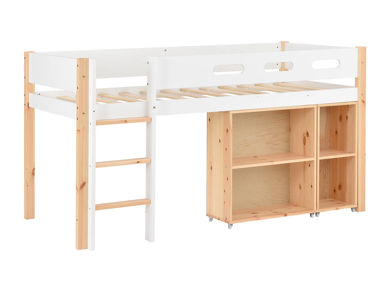 Cama alta 90x200cm, com roupeiro móvel, escada, madeira maciça, antiqueda, pinho+MDF, natural+branco