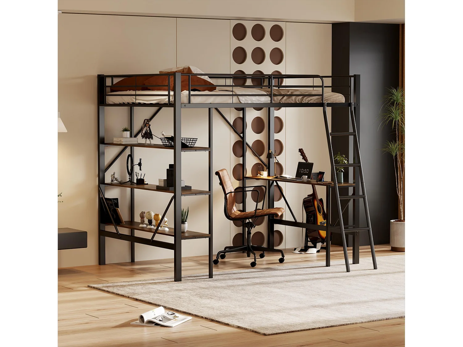 Hoogslaper 90x200cm, metalen frame, verhoogd bed met ladder, bureau en 3 grote planken voor kinderen, tieners, zwart