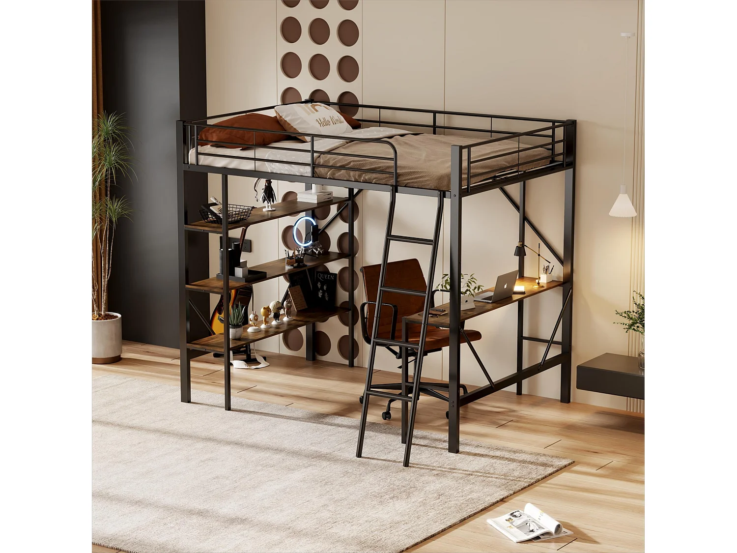 Hoogslaper 90x200cm, metalen frame, verhoogd bed met ladder, bureau en 3 grote planken voor kinderen, tieners, zwart