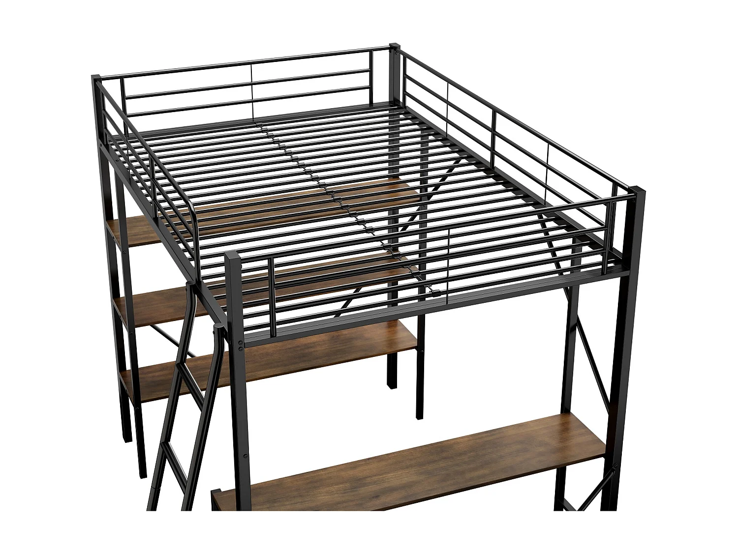 Hoogslaper 90x200cm, metalen frame, verhoogd bed met ladder, bureau en 3 grote planken voor kinderen, tieners, zwart