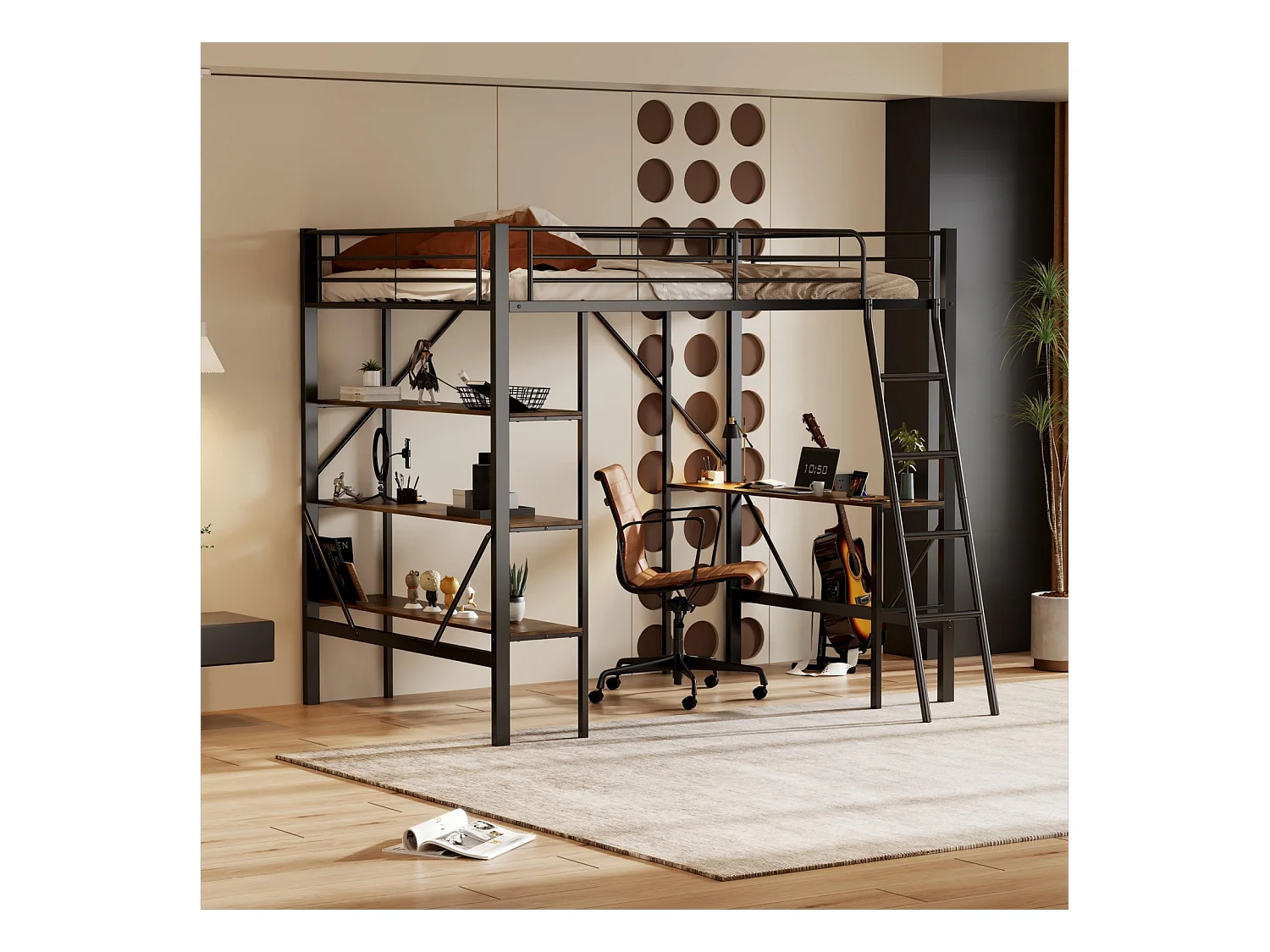 Hoogslaper 90x200cm, metalen frame, verhoogd bed met ladder, bureau en 3 grote planken voor kinderen, tieners, zwart