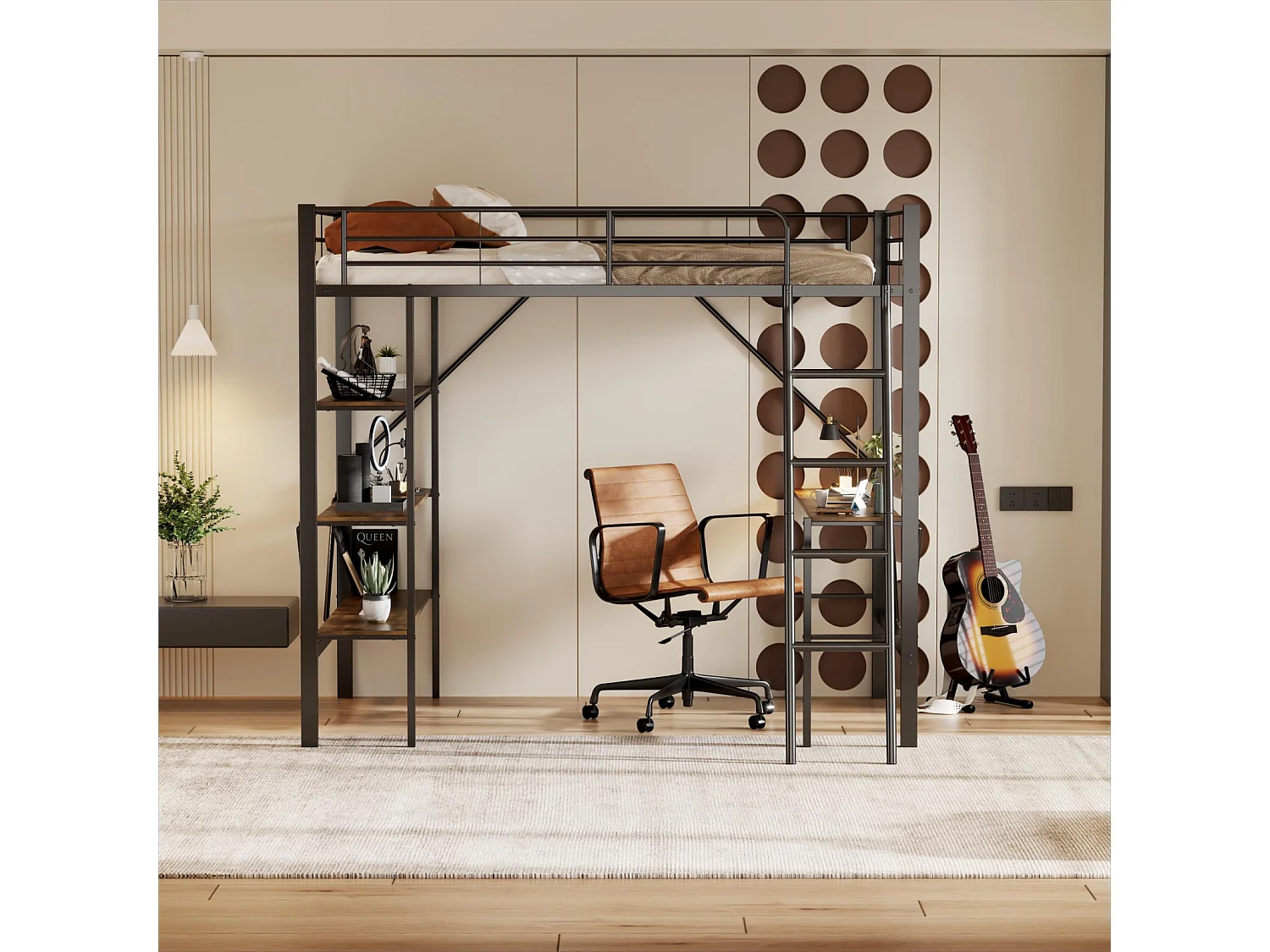 Cama alta 90x200cm, estrutura metálica, cama elevada com escada, secretária e 3 prateleiras grandes para crianças, adolescentes, preto