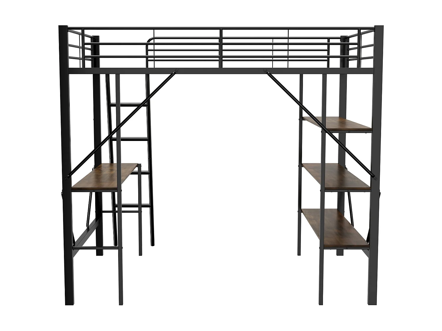 Cama alta 90x200cm, estrutura metálica, cama elevada com escada, secretária e 3 prateleiras grandes para crianças, adolescentes, preto