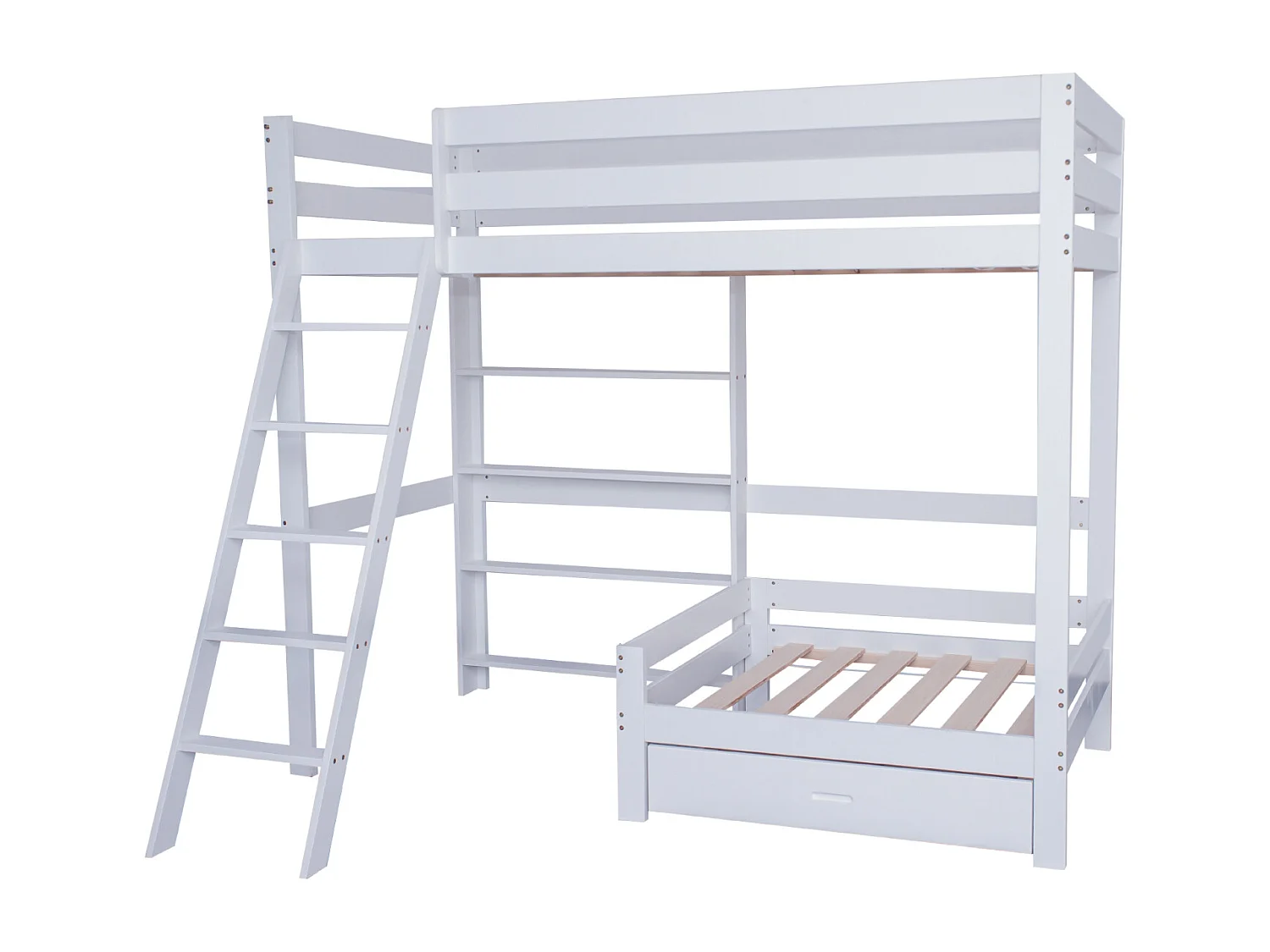 Hochbett 90x200 cm, Holzbett mit Sofa und einer Schublade darunter, schräge Leiter mit fünf Stufen, Lattenrost - weiß