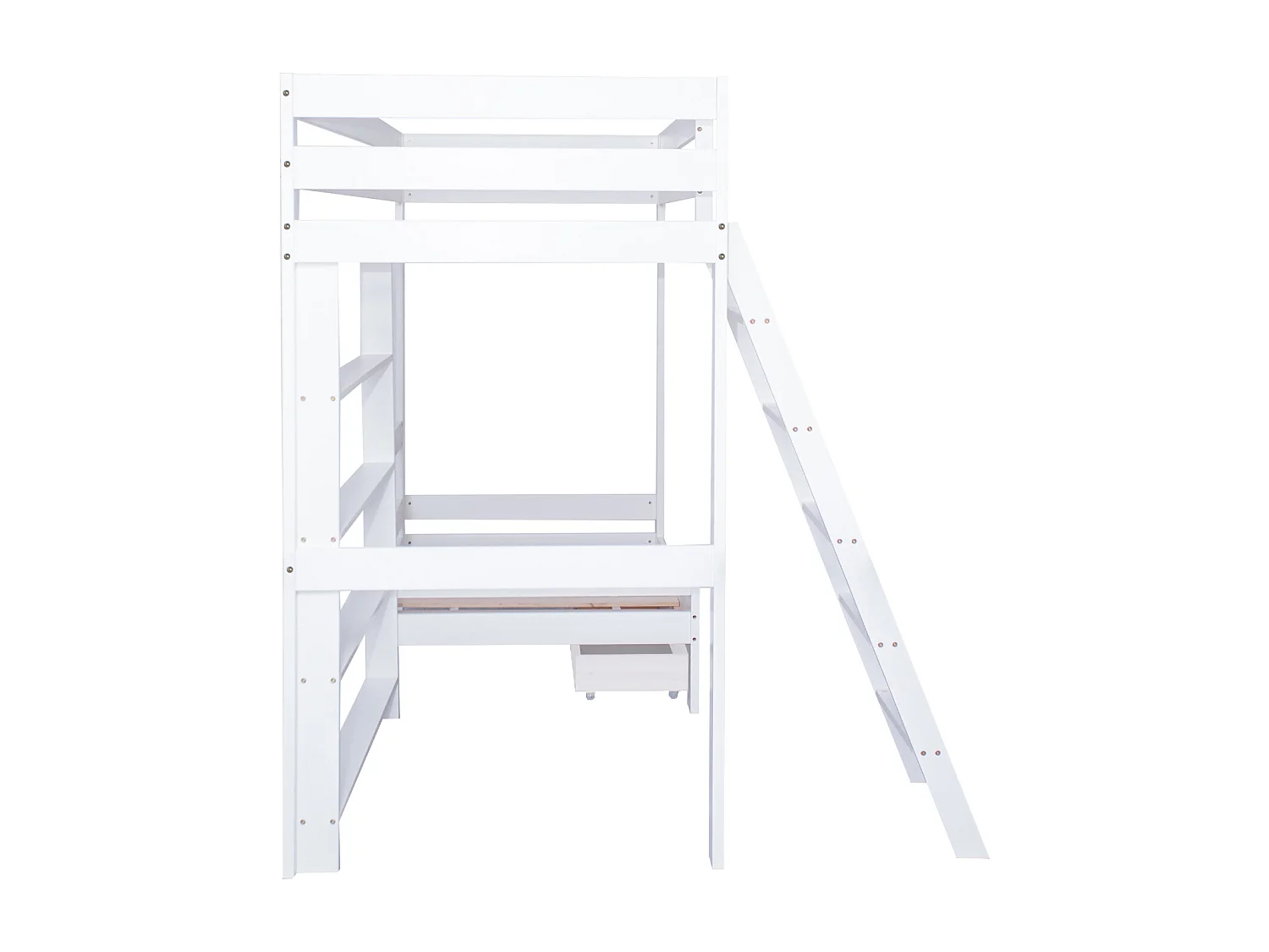 Hochbett 90x200 cm, Holzbett mit Sofa und einer Schublade darunter, schräge Leiter mit fünf Stufen, Lattenrost - weiß
