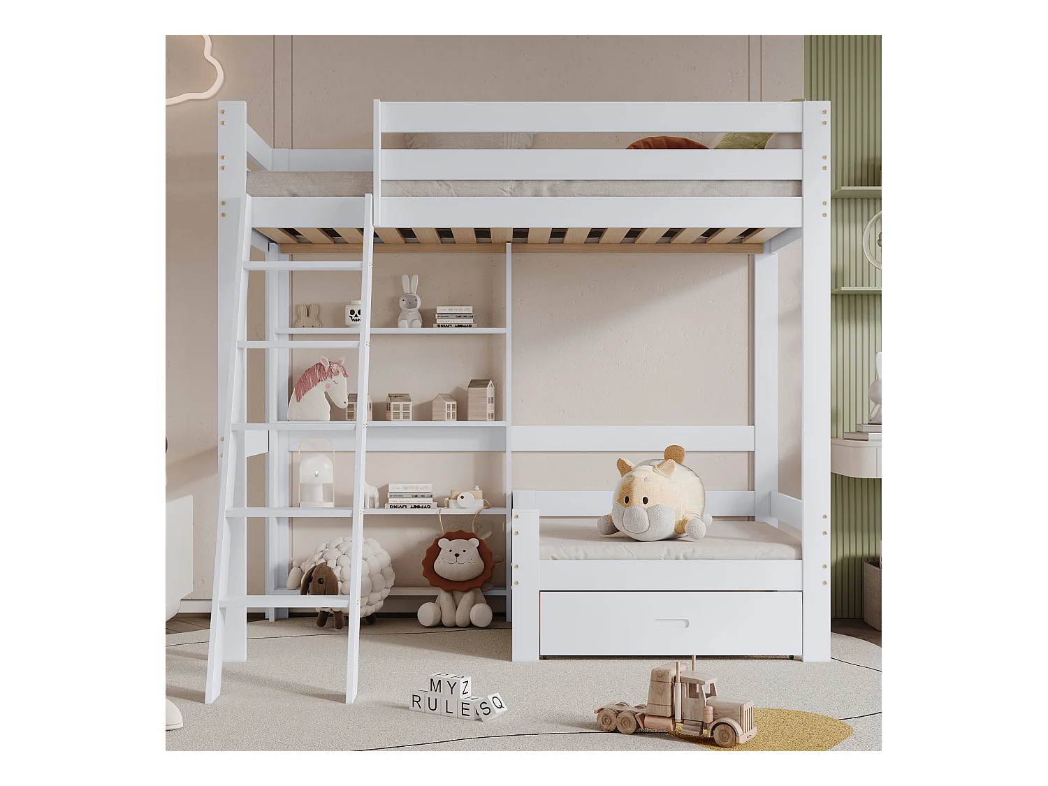Hoogslaper 90x200 cm, houten bed met bank en lade eronder, schuine ladder met vijf treden, lattenbodem - wit