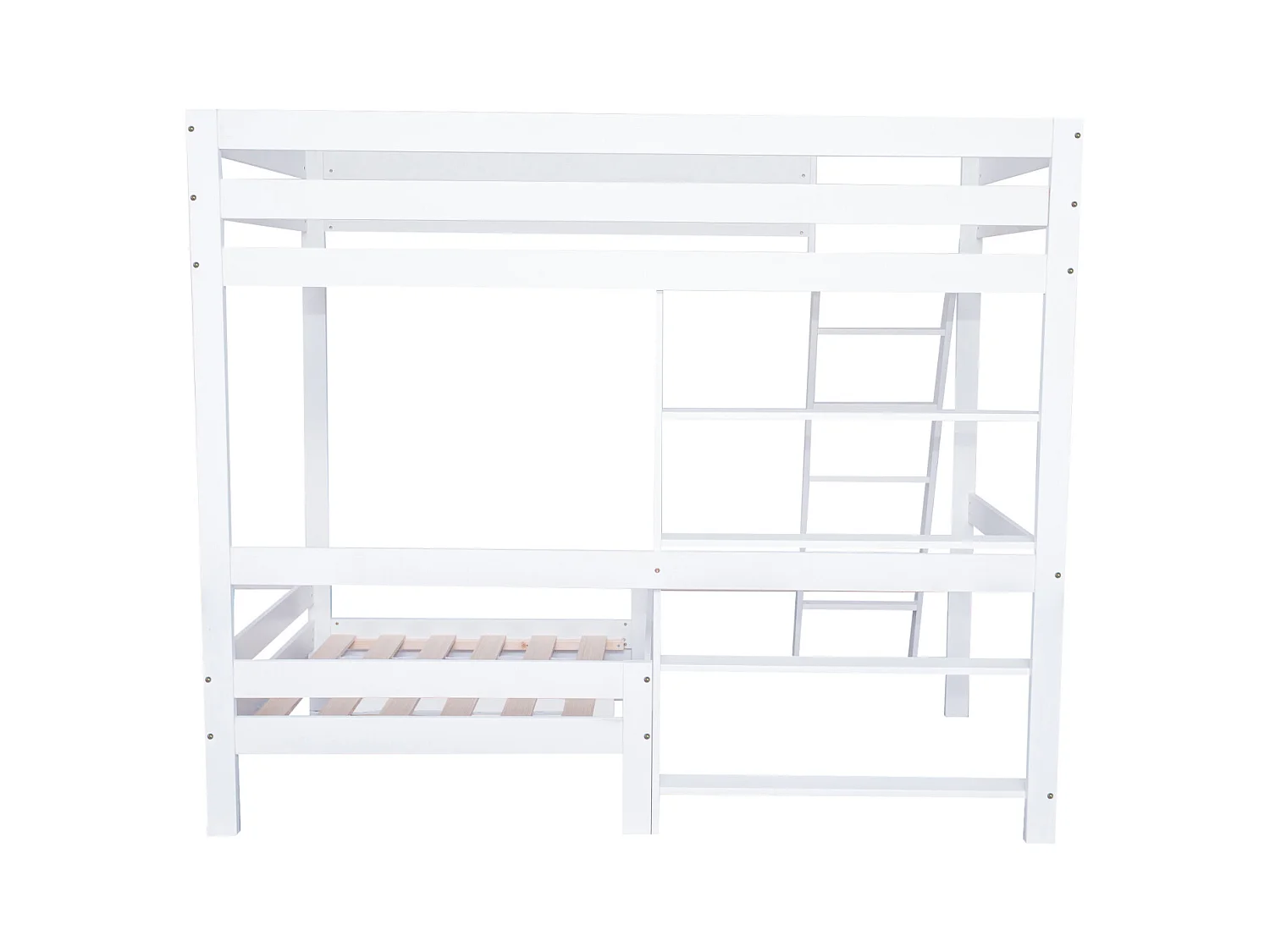 Lit mezzanine 90x200 cm, lit en bois avec canapé et un tiroir au dessous, échelle inclinée à cinq marches, sommier à lattes - blanc