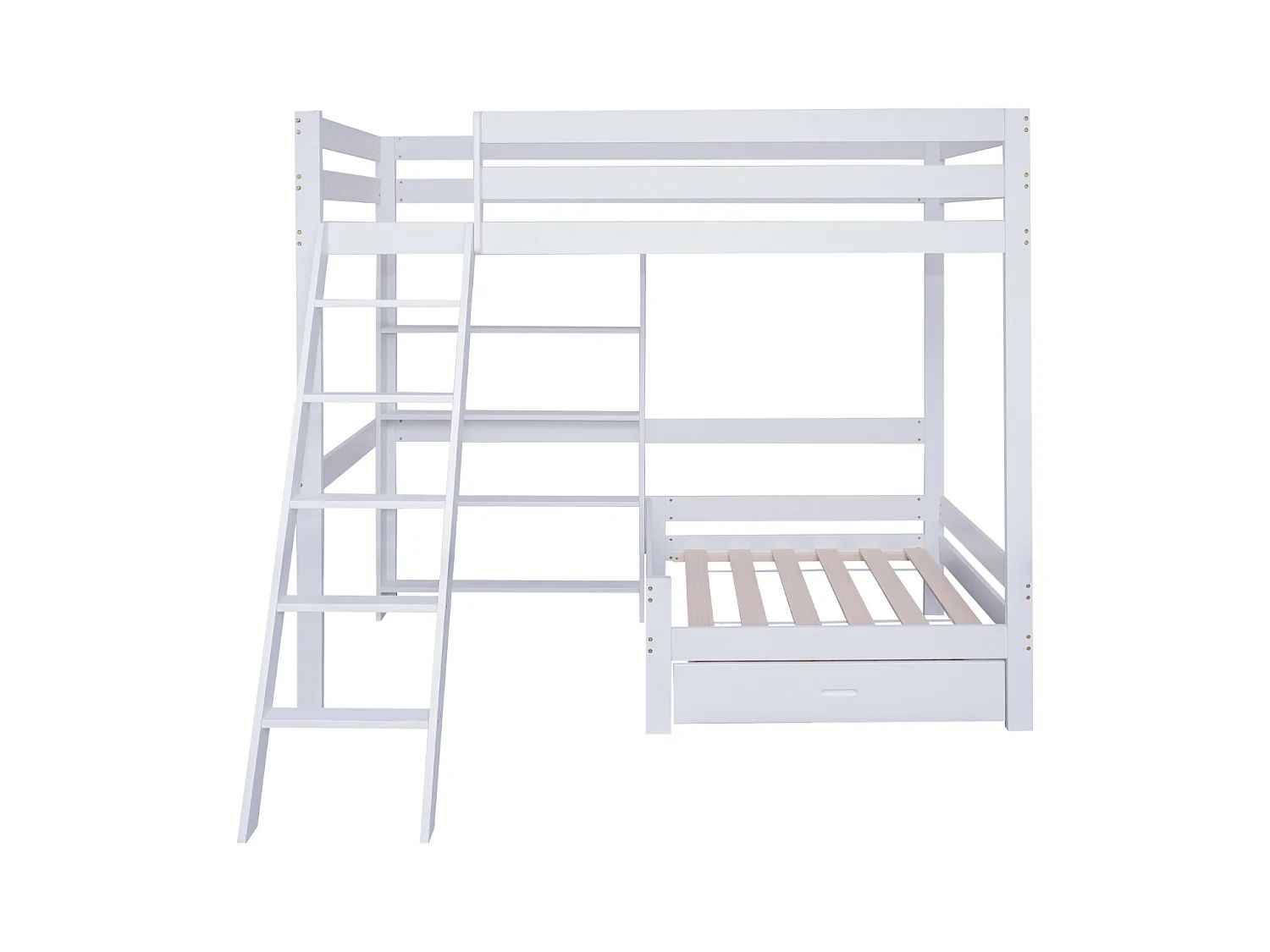 Lit mezzanine 90x200 cm, lit en bois avec canapé et un tiroir au dessous, échelle inclinée à cinq marches, sommier à lattes - blanc