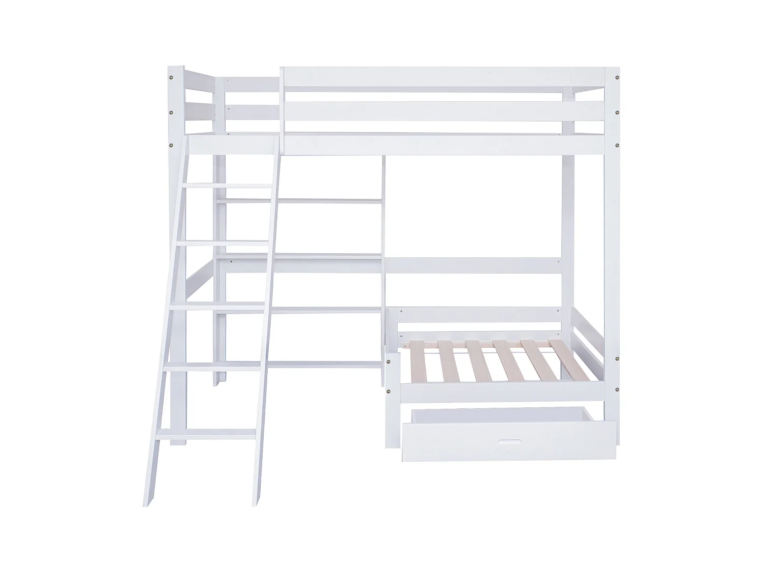 Lit mezzanine 90x200 cm, lit en bois avec canapé et un tiroir au dessous, échelle inclinée à cinq marches, sommier à lattes - blanc