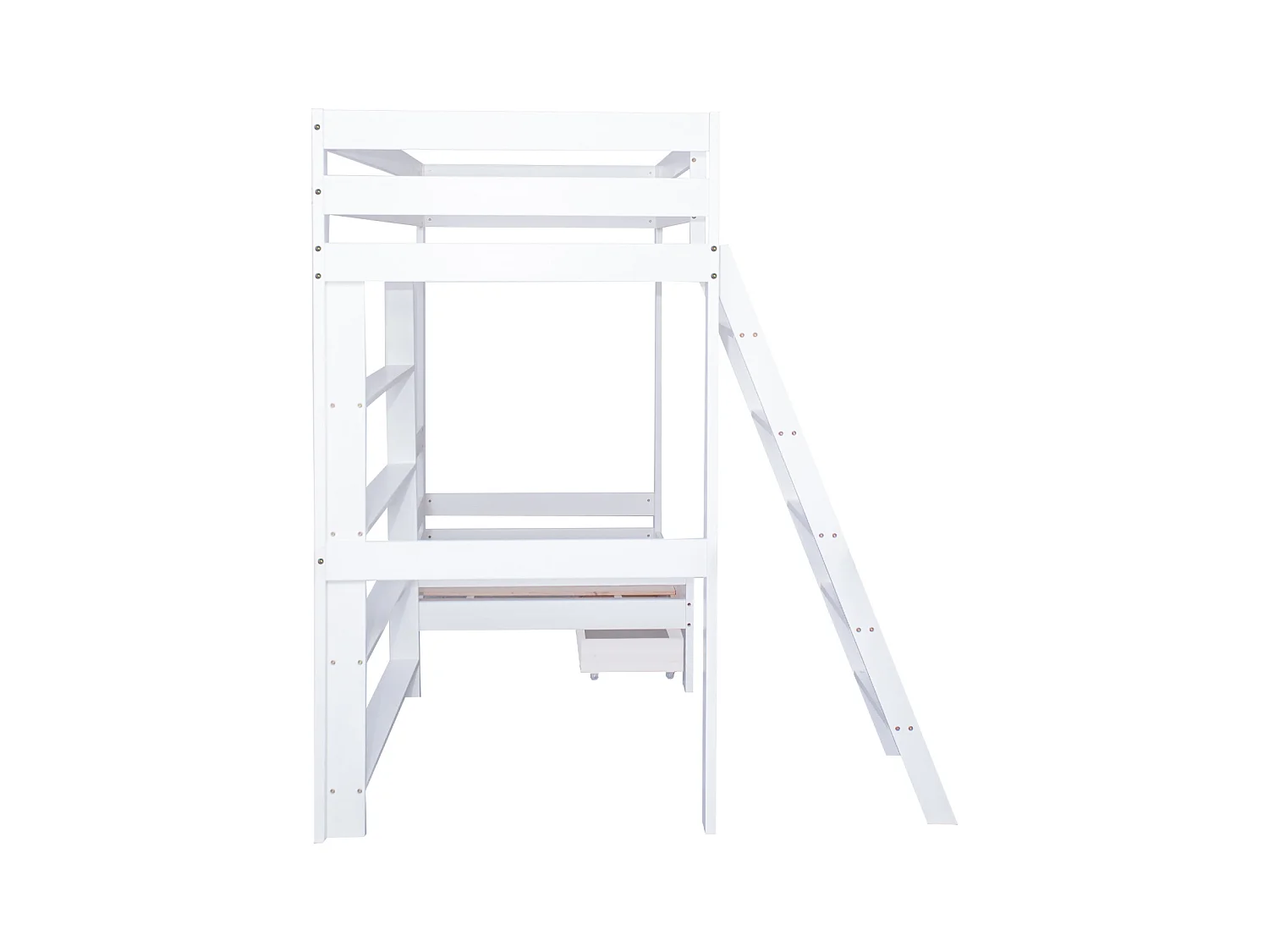 Lit mezzanine 90x200 cm, lit en bois avec canapé et un tiroir au dessous, échelle inclinée à cinq marches, sommier à lattes - blanc