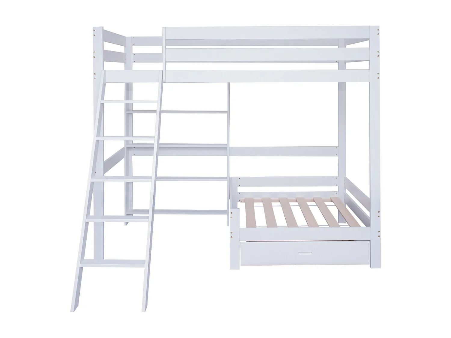Letto a soppalco 90x200 cm, letto in legno con divano e cassetto sottostante, scala inclinata con cinque gradini, rete a doghe - bianco