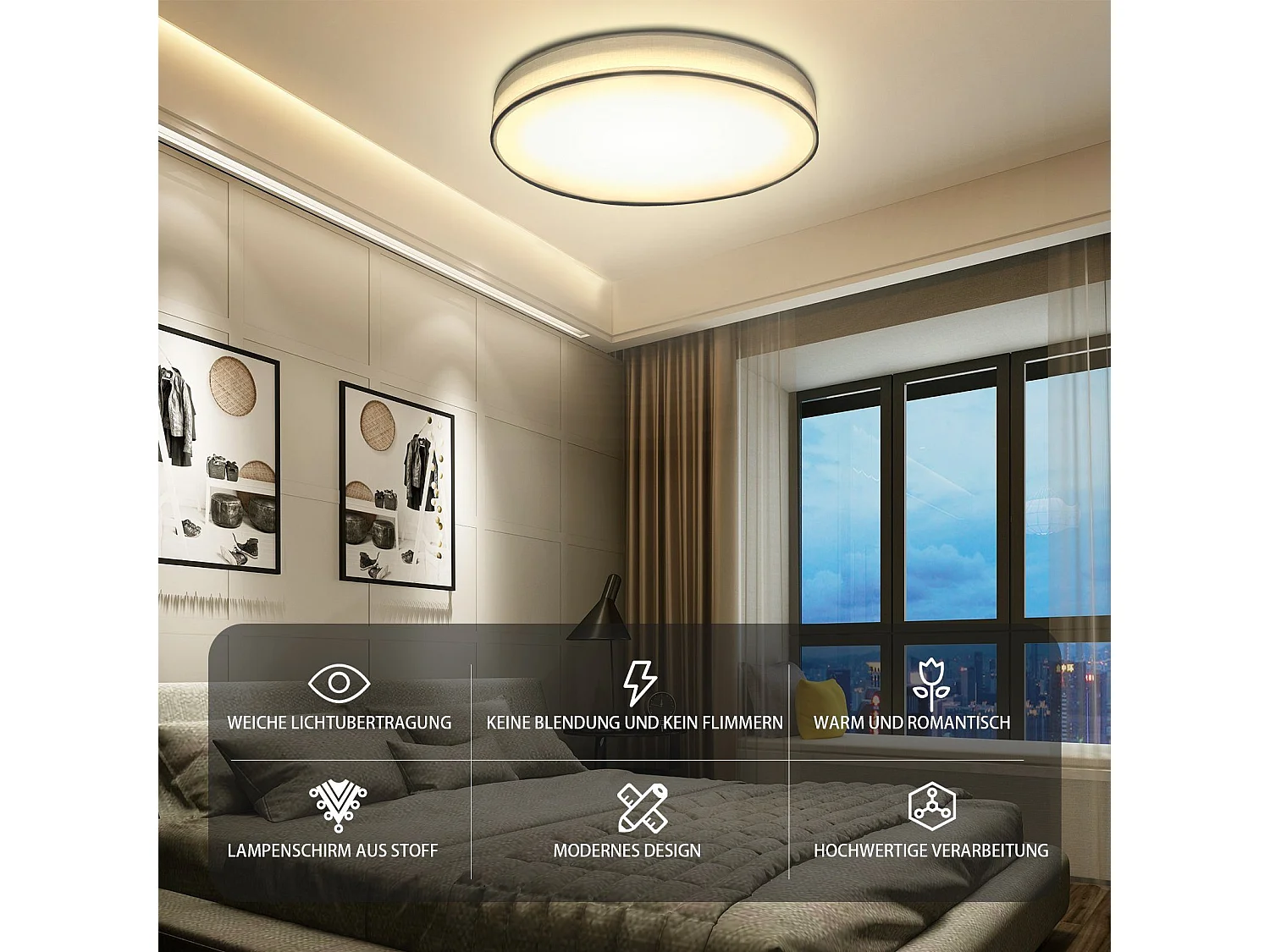 38cm LED Deckenleuchte Dimmbar Mit Fernbedienung Weiß Runde Moderne Stoff Deckenlampe