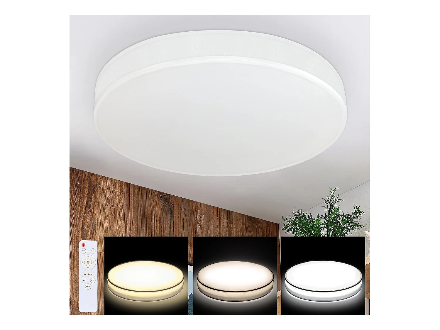 NETTLIFE Plafonnier LED 38CM Dimmable avec Télécommande Blanc Ronde Lampe de Plafond Tissu Moderne pour Salon Chambre Couloir Cuisine