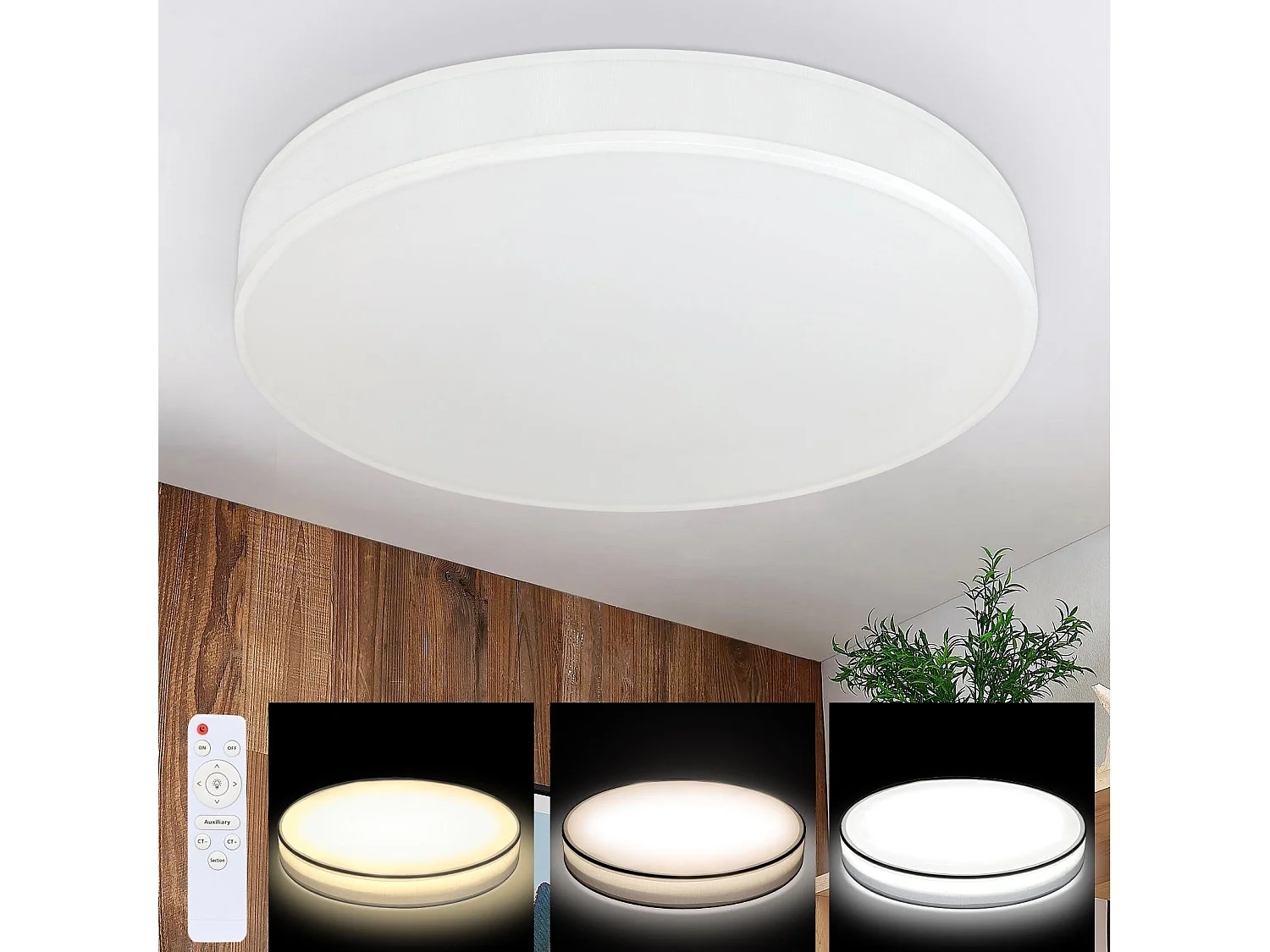 NETTLIFE Plafonnier LED 38CM Dimmable avec Télécommande Blanc Ronde Lampe de Plafond Tissu Moderne pour Salon Chambre Couloir Cuisine