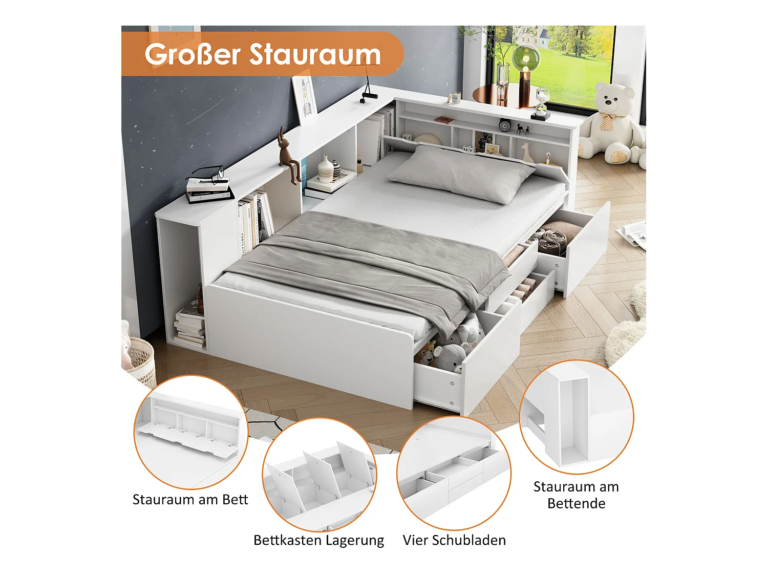 Lit combiné 90x200cm, lit simple enfant avec tiroirs, bibliothèque et armoire de rangement, 3 coffres, sans matelas, blanc