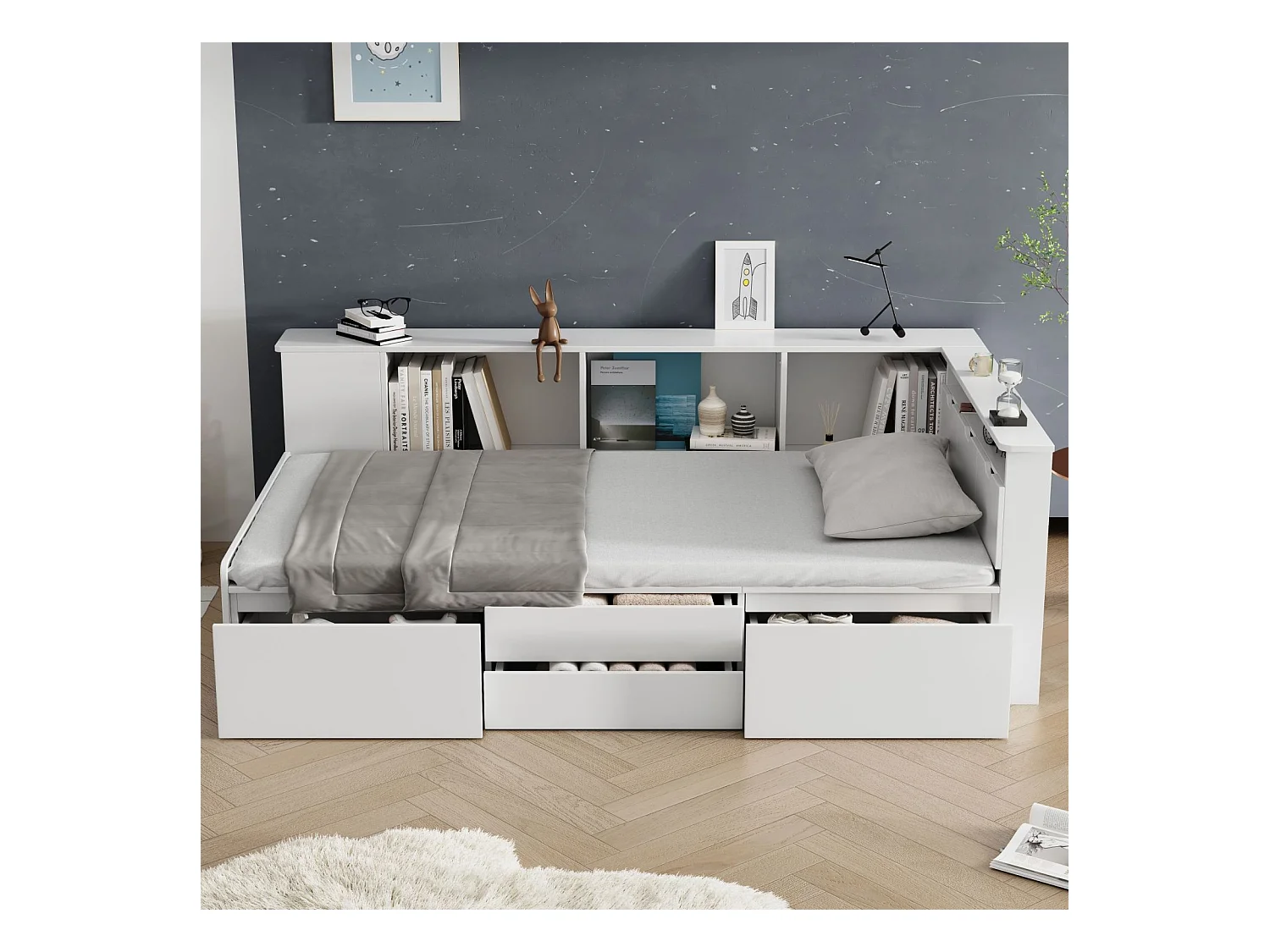 Lit combiné 90x200cm, lit simple enfant avec tiroirs, bibliothèque et armoire de rangement, 3 coffres, sans matelas, blanc