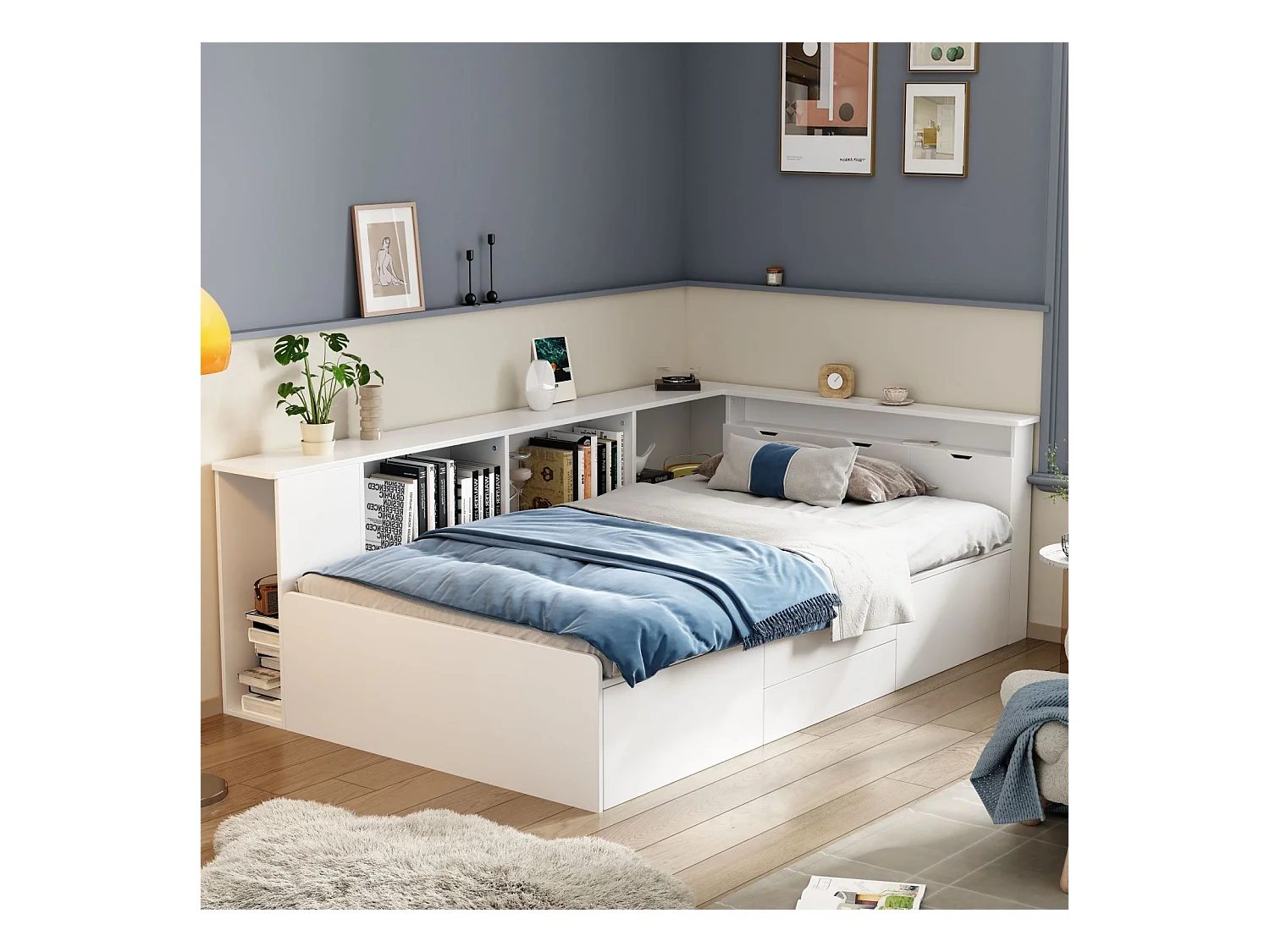 Lit combiné 90x200cm, lit simple enfant avec tiroirs, bibliothèque et armoire de rangement, 3 coffres, sans matelas, blanc