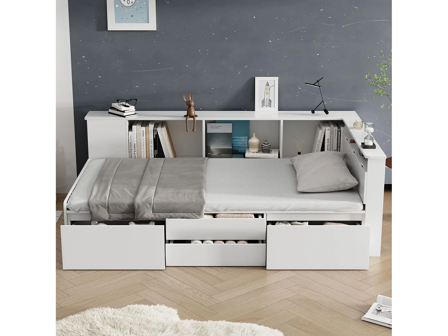 Lit combiné 90x200cm, lit simple enfant avec tiroirs, bibliothèque et armoire de rangement, 3 coffres, sans matelas, blanc
