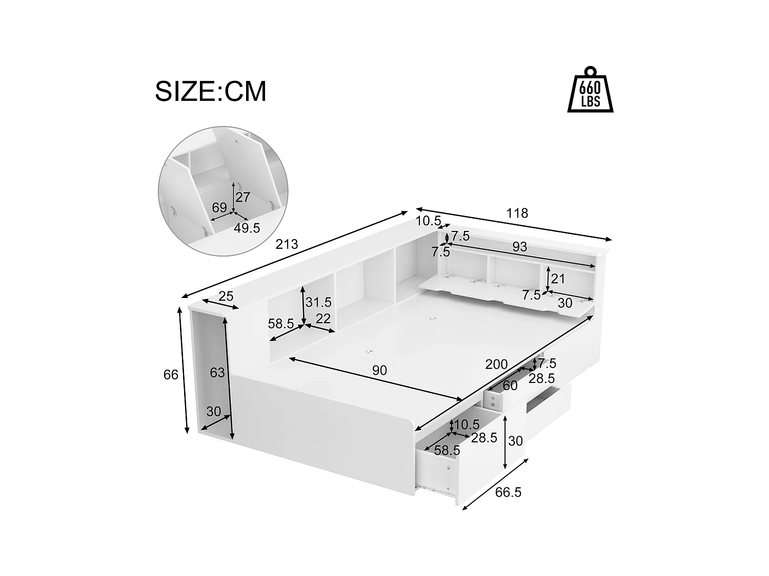 Lit combiné 90x200cm, lit simple enfant avec tiroirs, bibliothèque et armoire de rangement, 3 coffres, sans matelas, blanc