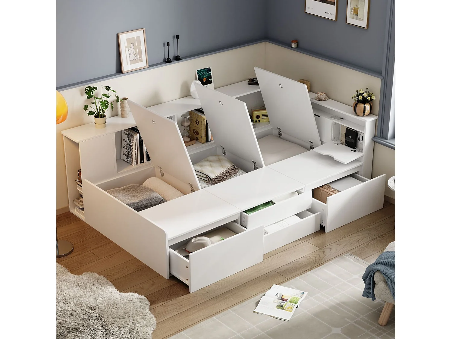 Combinatiebed 90x200cm, eenpersoonsbed met lades, boekenkast en opbergkast, 3 ladekasten, zonder matras, wit