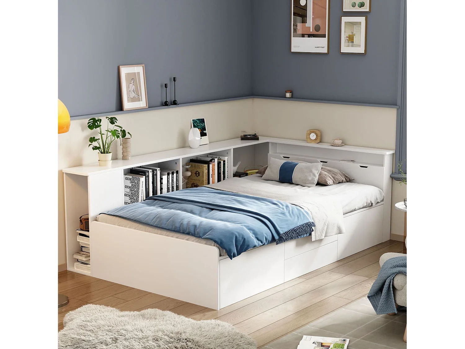 Combinatiebed 90x200cm, eenpersoonsbed met lades, boekenkast en opbergkast, 3 ladekasten, zonder matras, wit