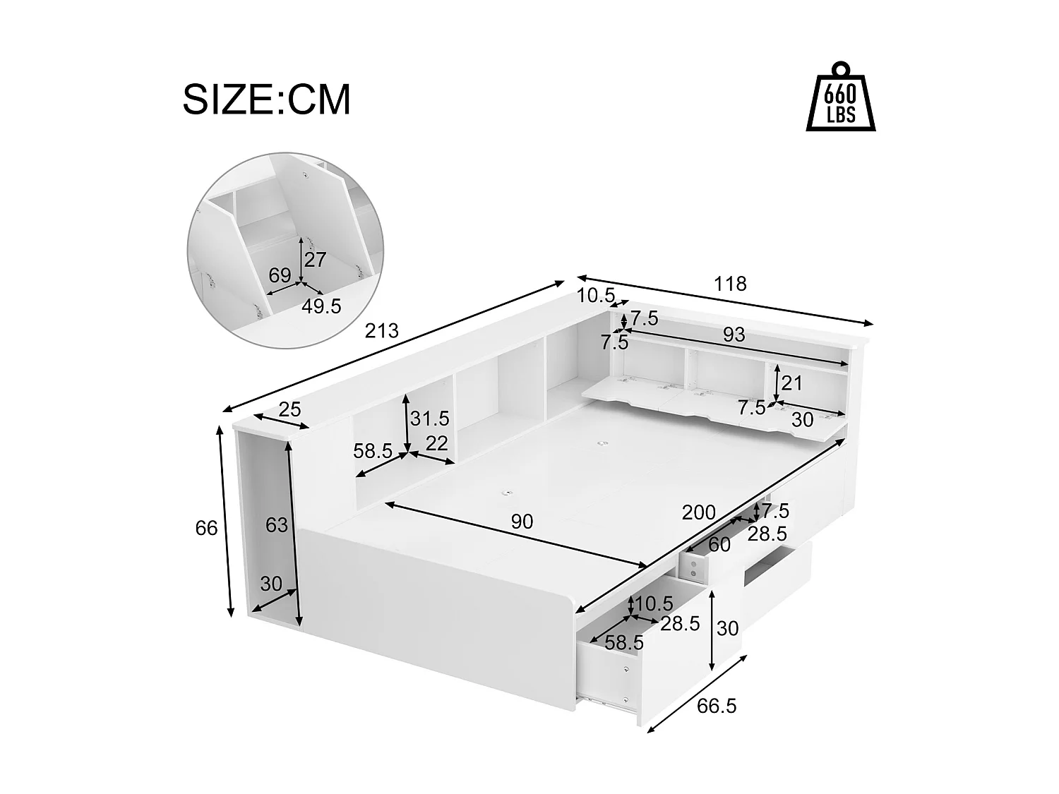 Combinatiebed 90x200cm, eenpersoonsbed met lades, boekenkast en opbergkast, 3 ladekasten, zonder matras, wit