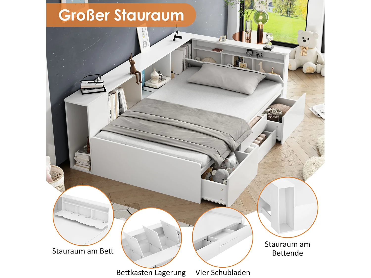 Combinatiebed 90x200cm, eenpersoonsbed met lades, boekenkast en opbergkast, 3 ladekasten, zonder matras, wit