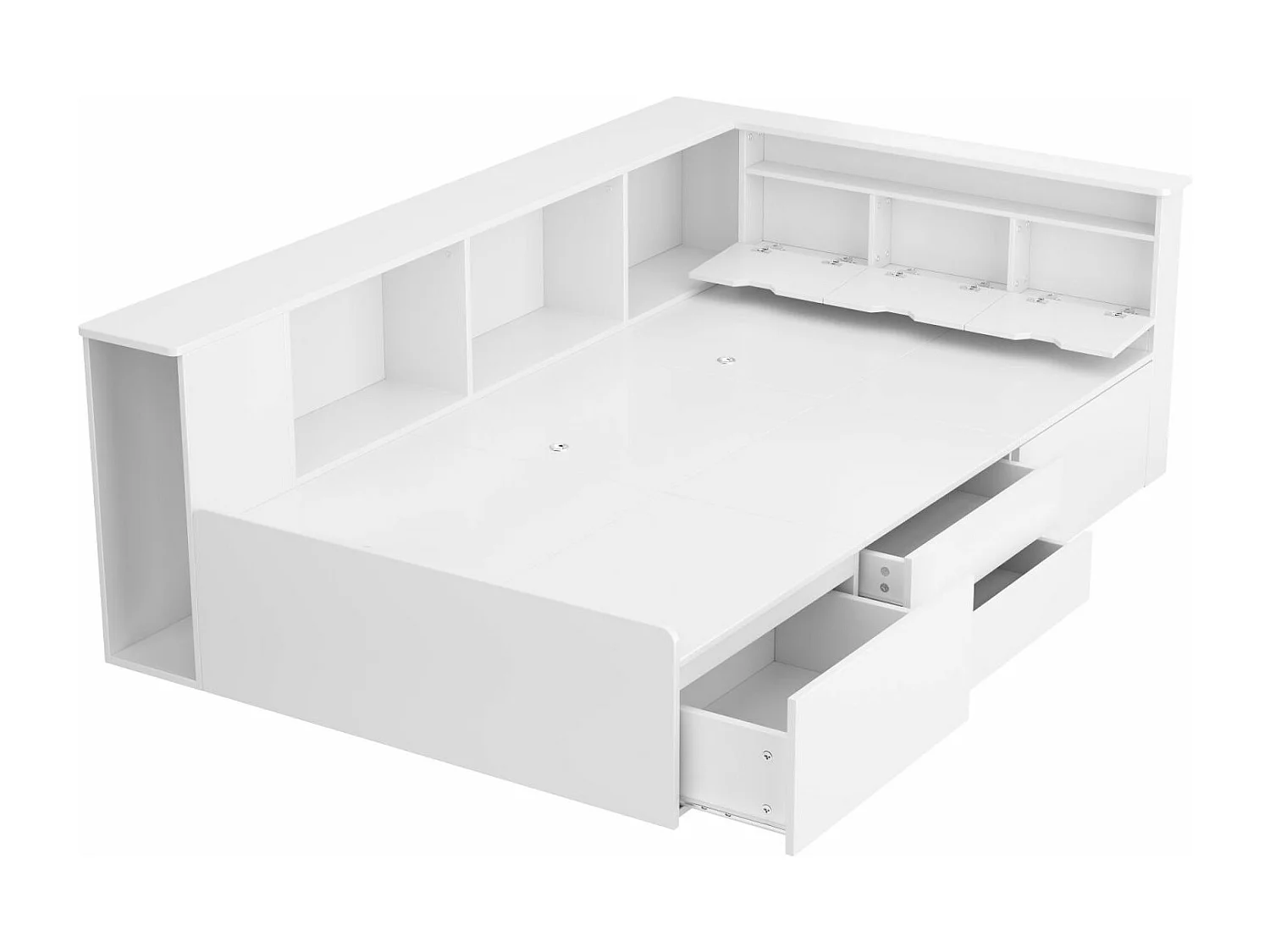 Combinatiebed 90x200cm, eenpersoonsbed met lades, boekenkast en opbergkast, 3 ladekasten, zonder matras, wit