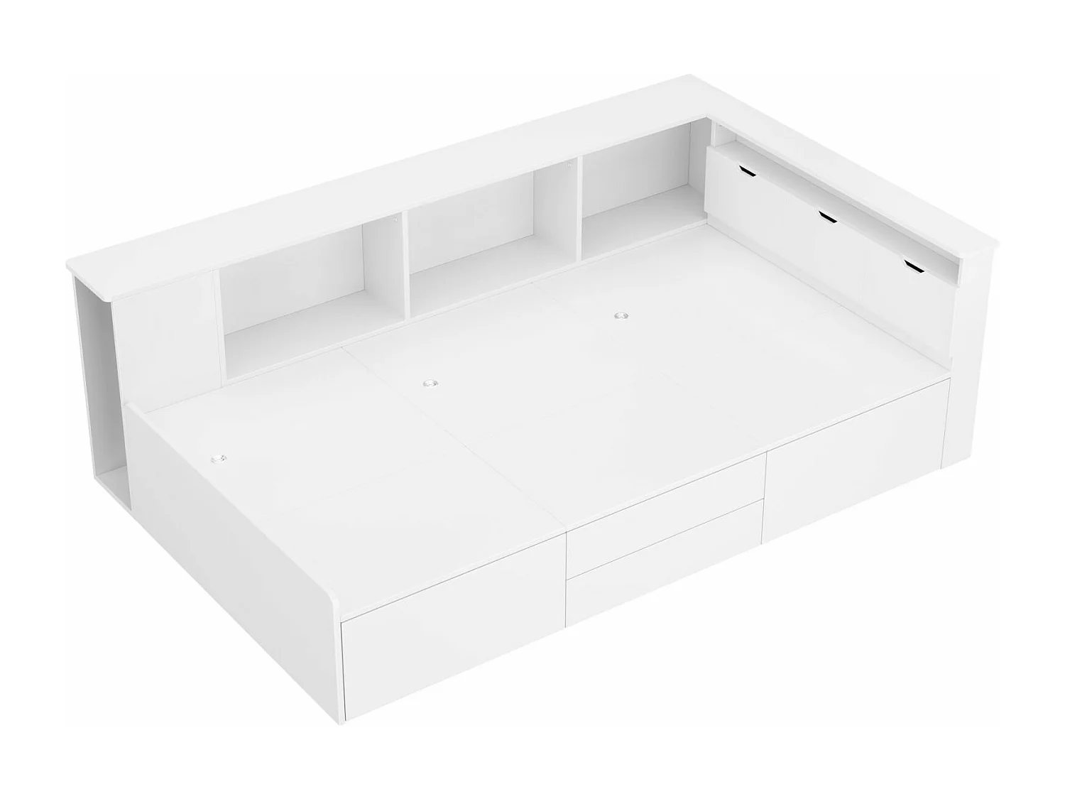 Combinatiebed 90x200cm, eenpersoonsbed met lades, boekenkast en opbergkast, 3 ladekasten, zonder matras, wit