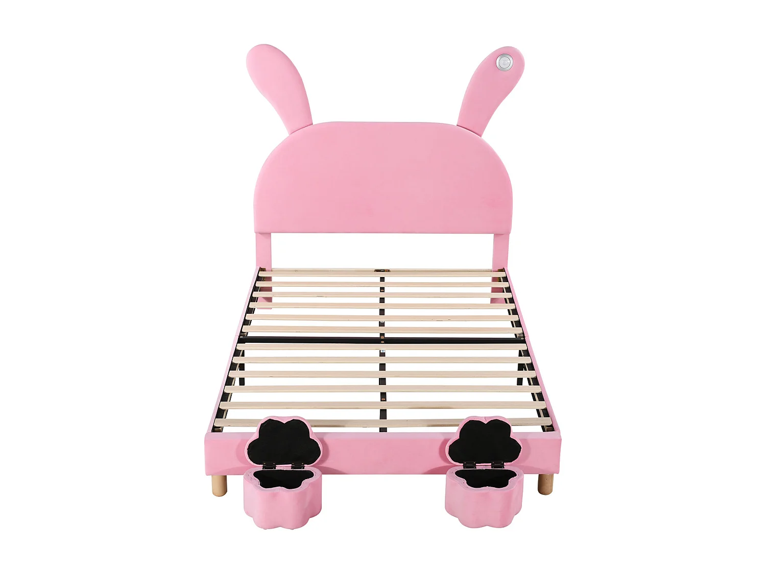 Lit d'enfant 140x200cm, avec 2 tabourets, avec sommier à lattes et tête de lit oreilles de lapin avec un lampe, sans matelas, velours, Rose
