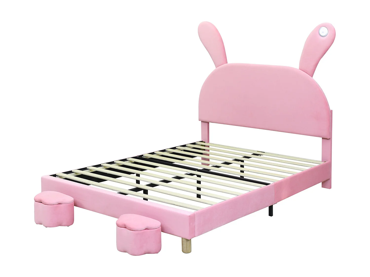 Lit d'enfant 140x200cm, avec 2 tabourets, avec sommier à lattes et tête de lit oreilles de lapin avec un lampe, sans matelas, velours, Rose