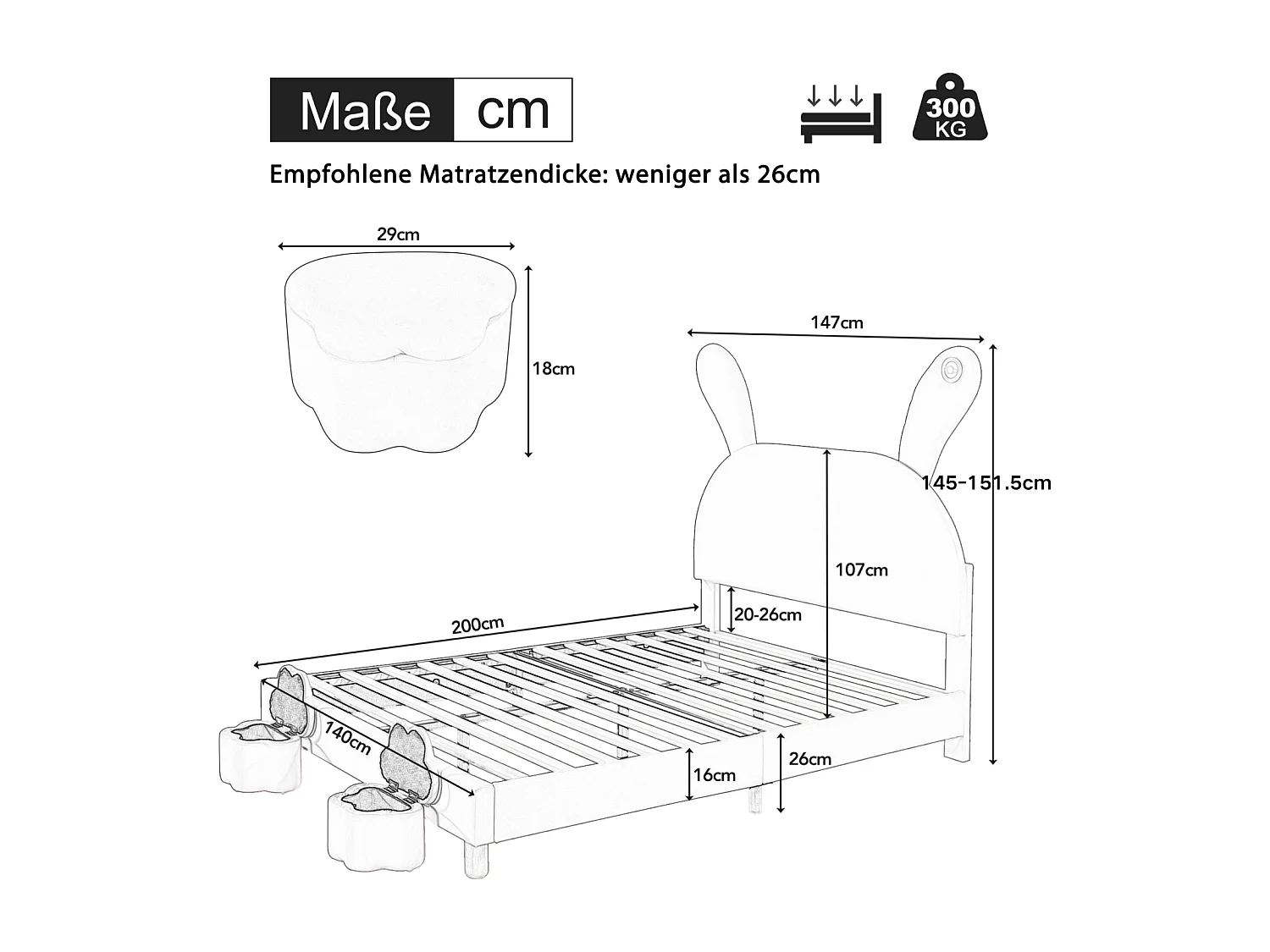 Cama de criança 140x200cm, com 2 bancos, com estrado de ripas e cabeceira orelhas de coelho com candeeiro, sem colchão, veludo, Rosa