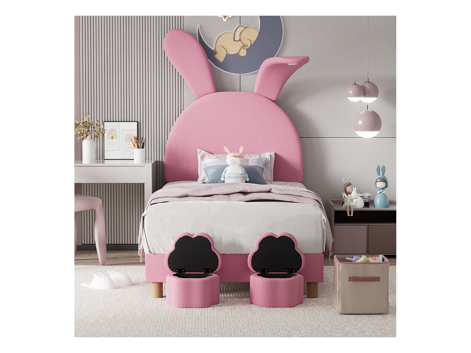 Cama de criança 90x200cm, com 2 bancos, com estrado de ripas e cabeceira orelhas de coelho com candeeiro, sem colchão, veludo, Rosa