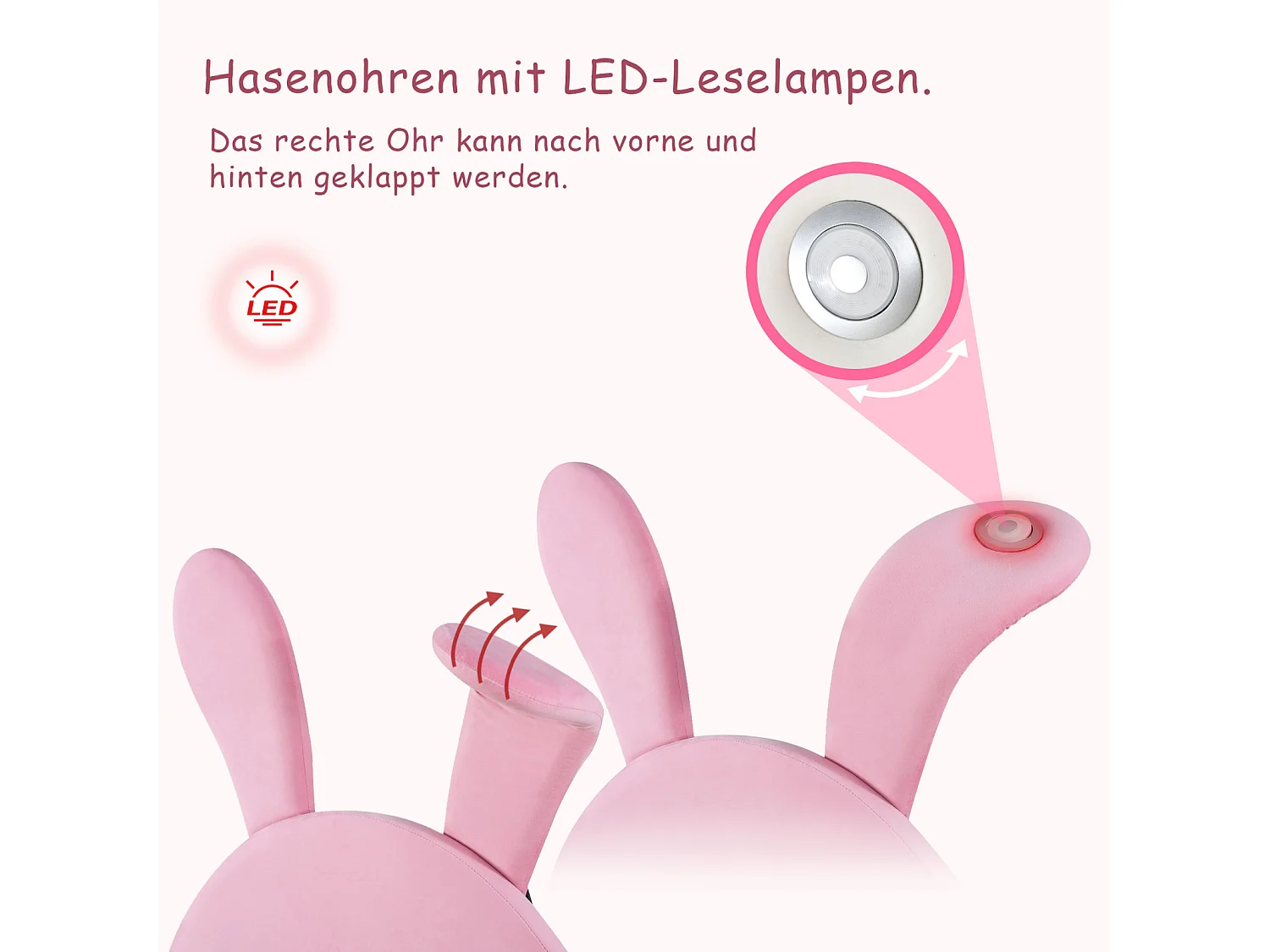 Lit d'enfant 90x200cm, avec 2 tabourets, avec sommier à lattes et tête de lit oreilles de lapin avec un lampe, sans matelas, velours, Rose