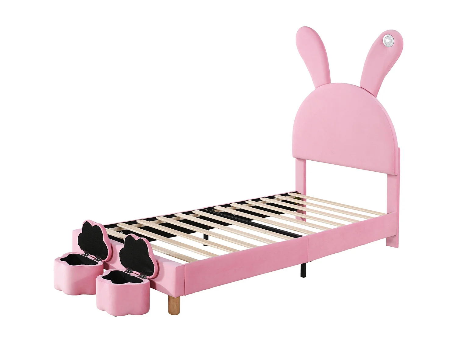 Lit d'enfant 90x200cm, avec 2 tabourets, avec sommier à lattes et tête de lit oreilles de lapin avec un lampe, sans matelas, velours, Rose