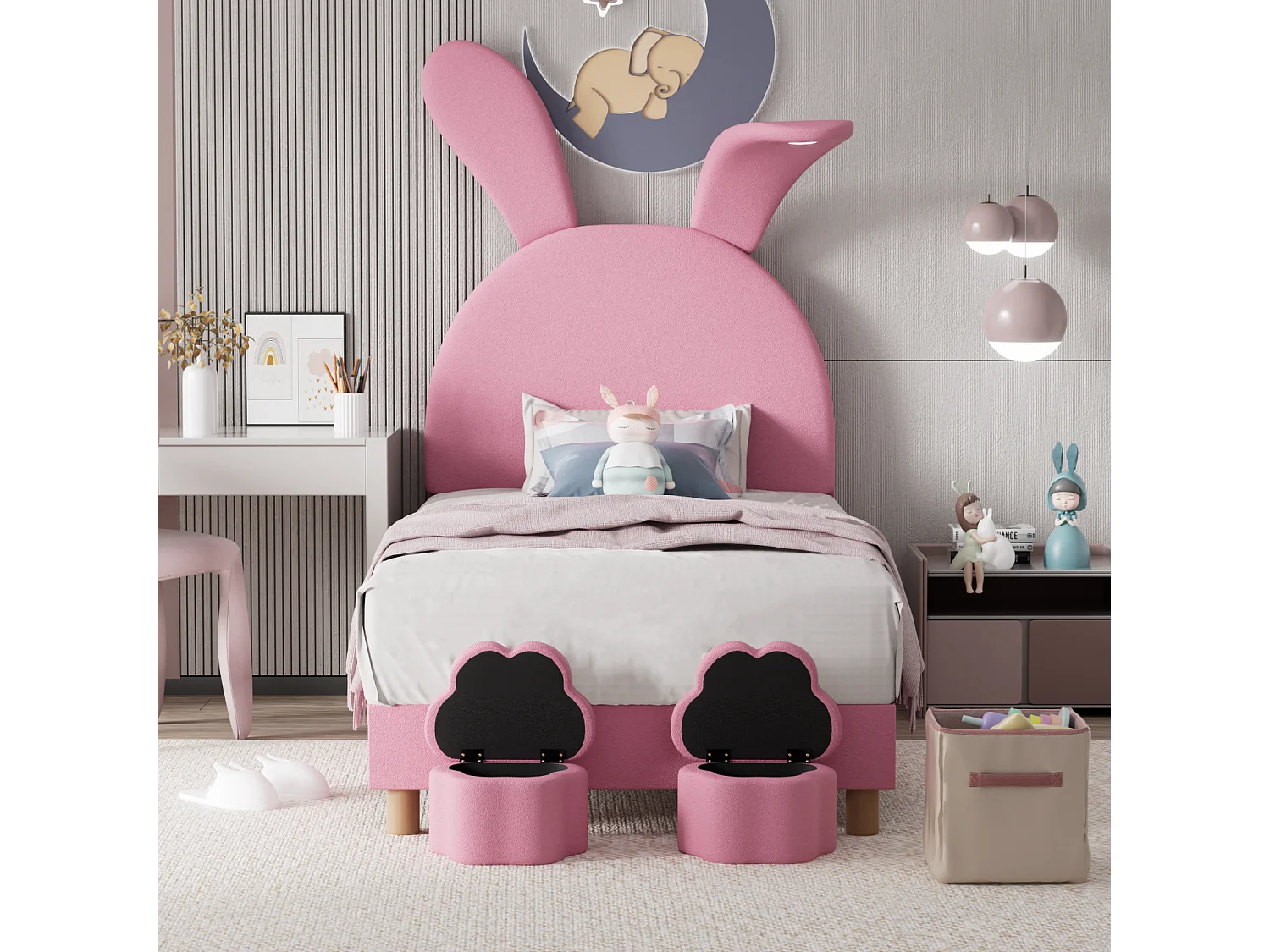 Lit d'enfant 90x200cm, avec 2 tabourets, avec sommier à lattes et tête de lit oreilles de lapin avec un lampe, sans matelas, velours, Rose