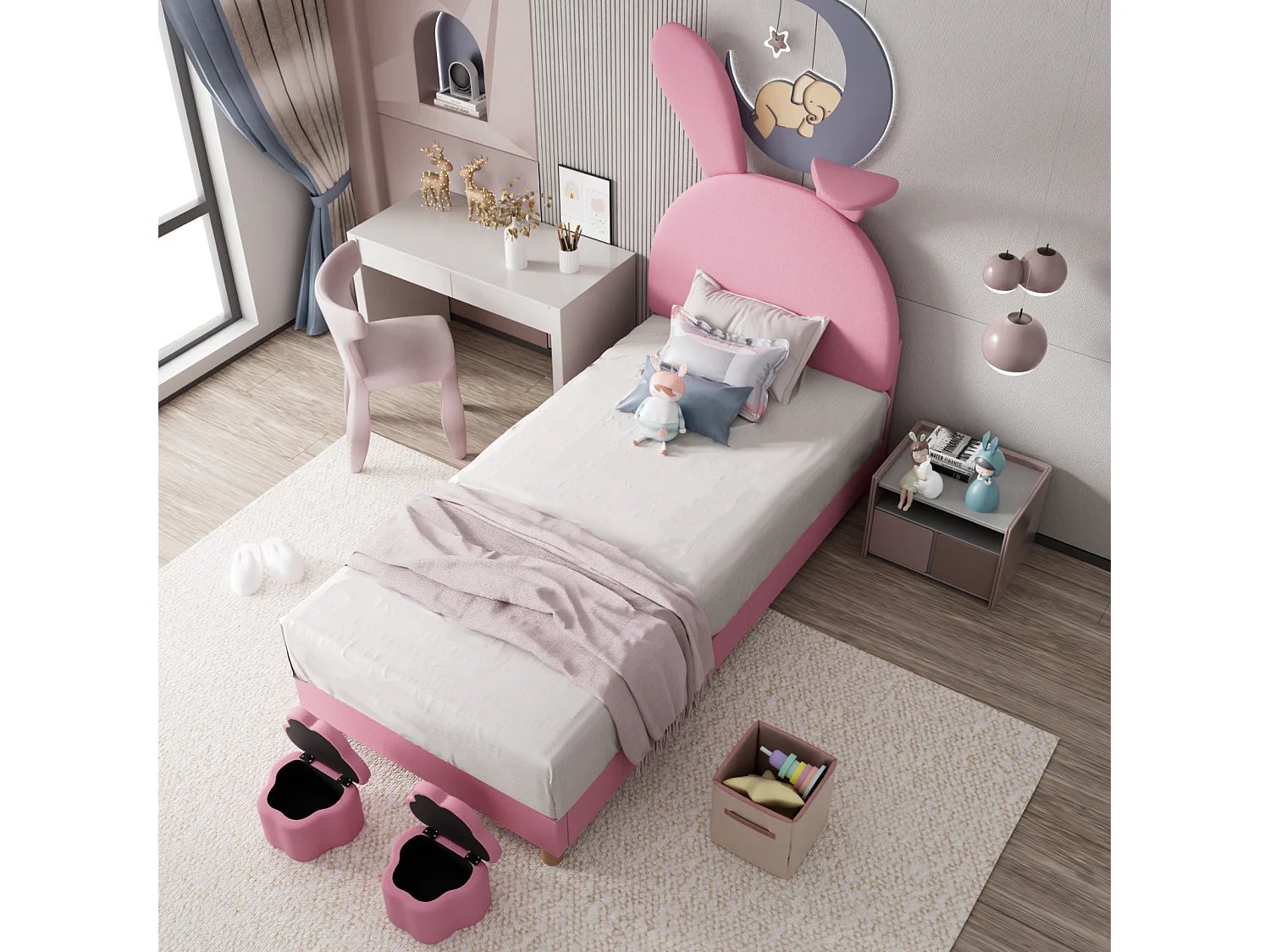 Lit d'enfant 90x200cm, avec 2 tabourets, avec sommier à lattes et tête de lit oreilles de lapin avec un lampe, sans matelas, velours, Rose
