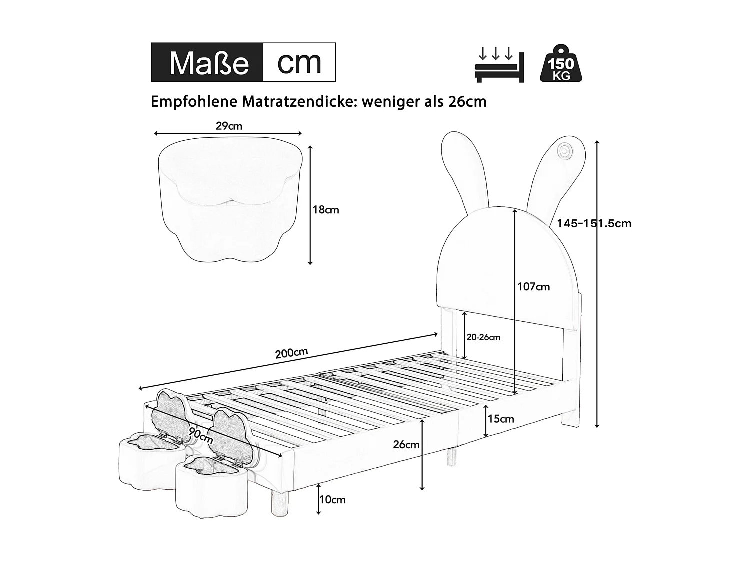 Lit d'enfant 90x200cm, avec 2 tabourets, avec sommier à lattes et tête de lit oreilles de lapin avec un lampe, sans matelas, velours, Rose