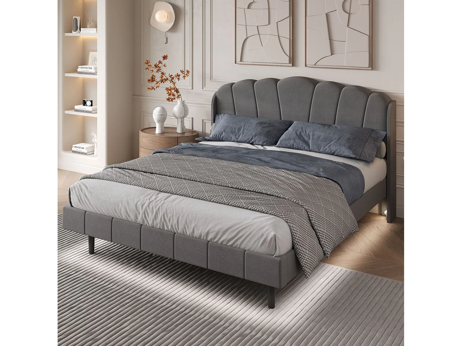 Lit adulte rembourré, avec lampes LED sensibles aux mouvements, sommier à lattes et tête de lit, gris 160x200cm