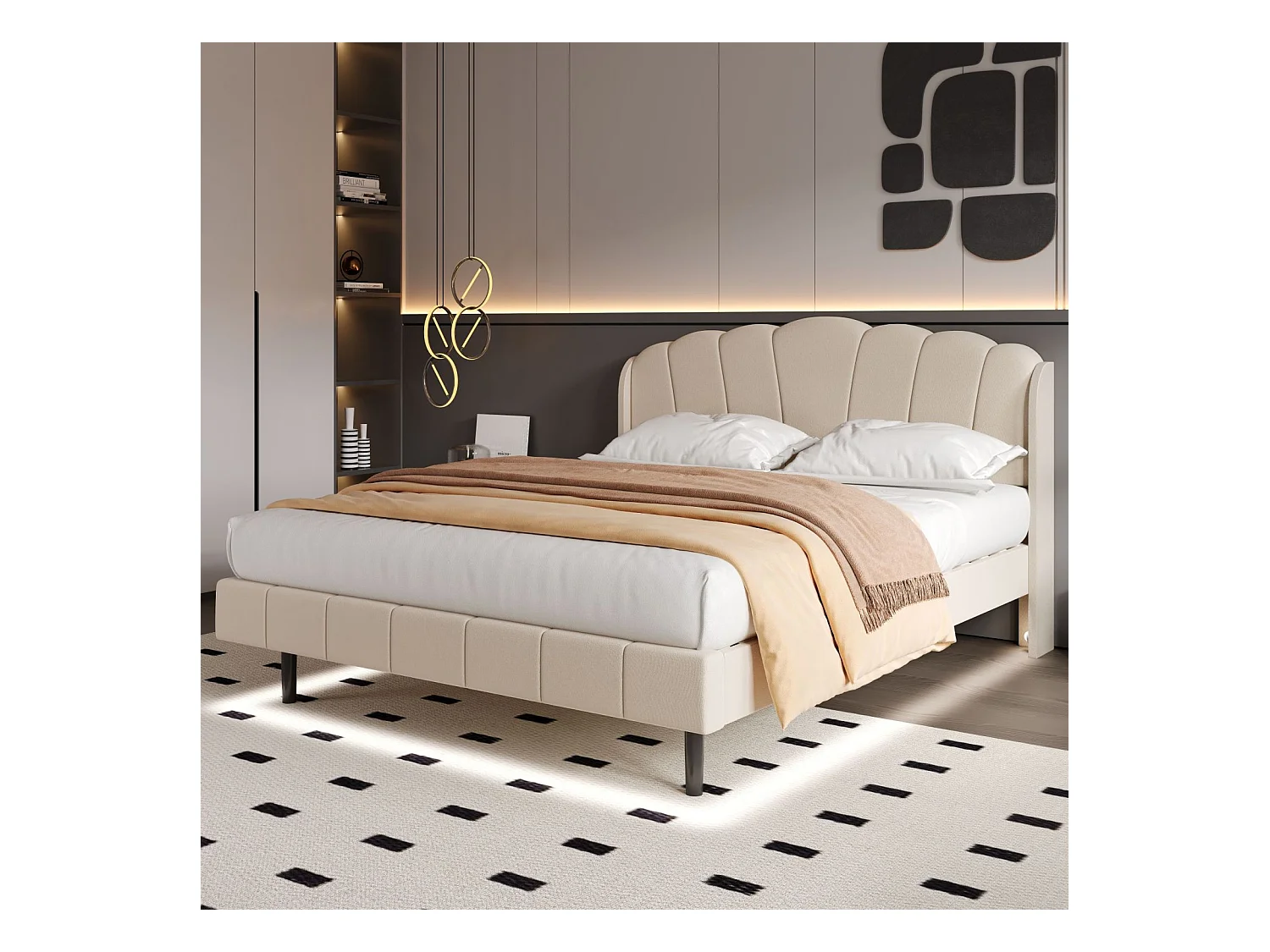 Lit adulte rembourré, avec lampes LED sensibles aux mouvements, sommier à lattes et tête de lit, beige 140x200cm