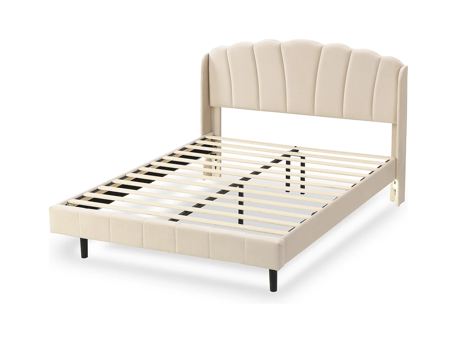 Lit adulte rembourré, avec lampes LED sensibles aux mouvements, sommier à lattes et tête de lit, beige 140x200cm