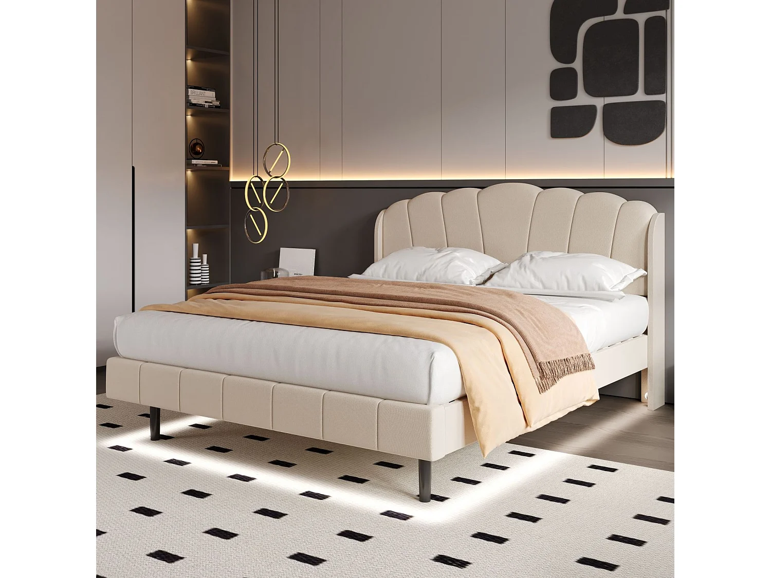 Lit adulte rembourré, avec lampes LED sensibles aux mouvements, sommier à lattes et tête de lit, beige 140x200cm