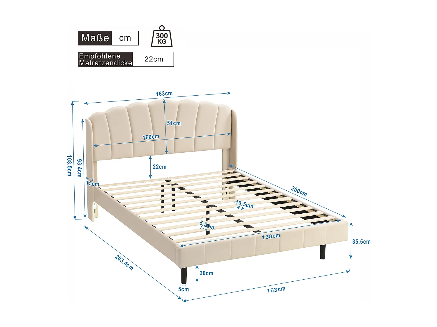 Lit adulte rembourré, avec lampes LED sensibles aux mouvements, sommier à lattes et tête de lit, beige 140x200cm