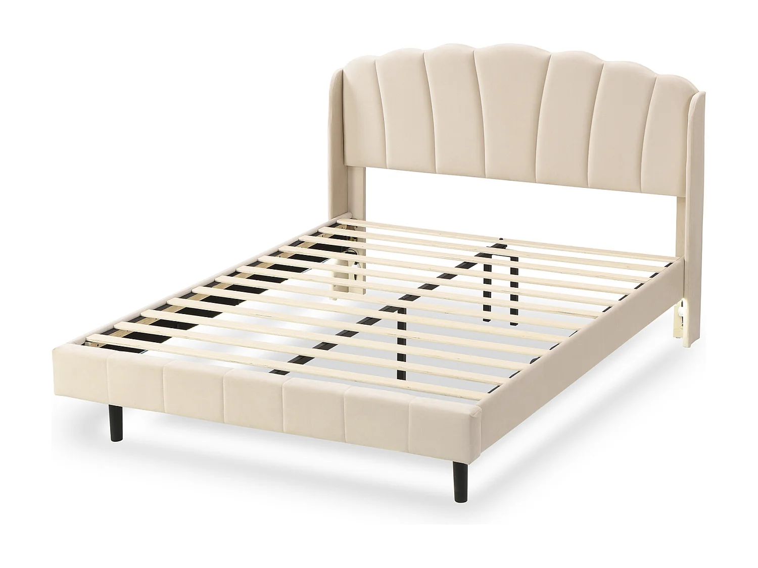 Lit adulte rembourré, avec lampes LED sensibles aux mouvements, sommier à lattes et tête de lit, beige 140x200cm